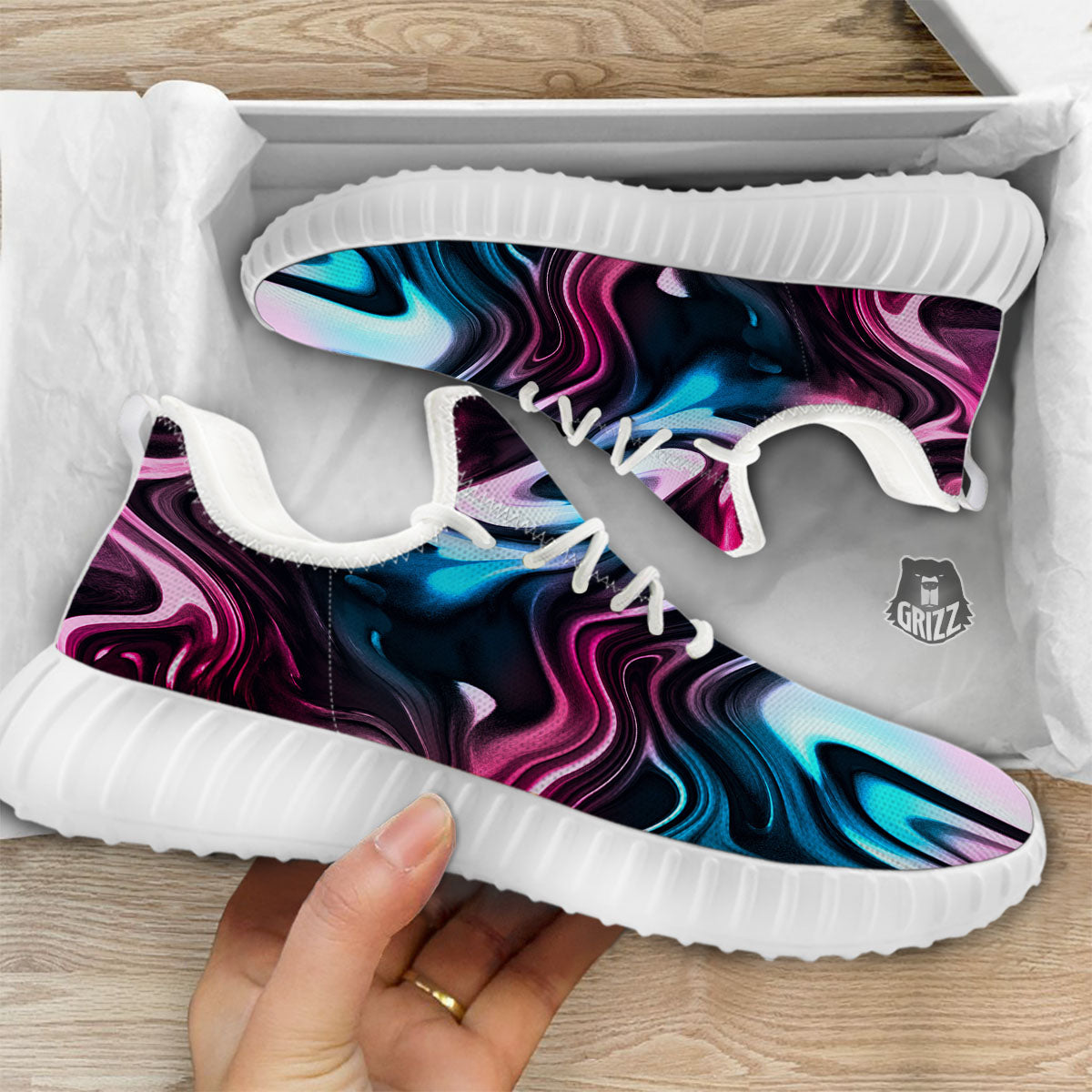 Holographic Psychedelic Print Pattern White Walking Shoes-grizzshop