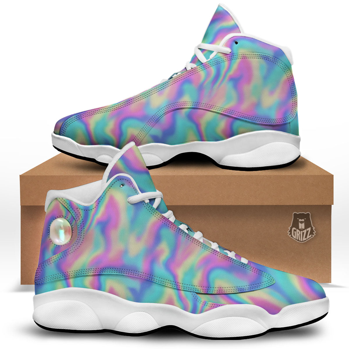 Holographic Rainbow Print Pattern White Basketball Shoes-grizzshop