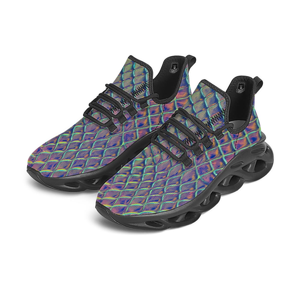 Holographic Snakeskin Print Black Running Shoes-grizzshop