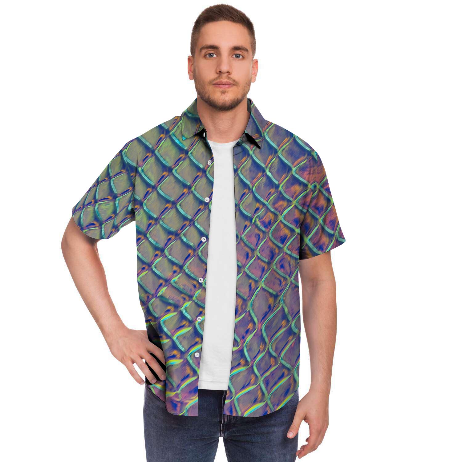 Holographic Snakeskin Print Men's Short Sleeve Shirt-grizzshop