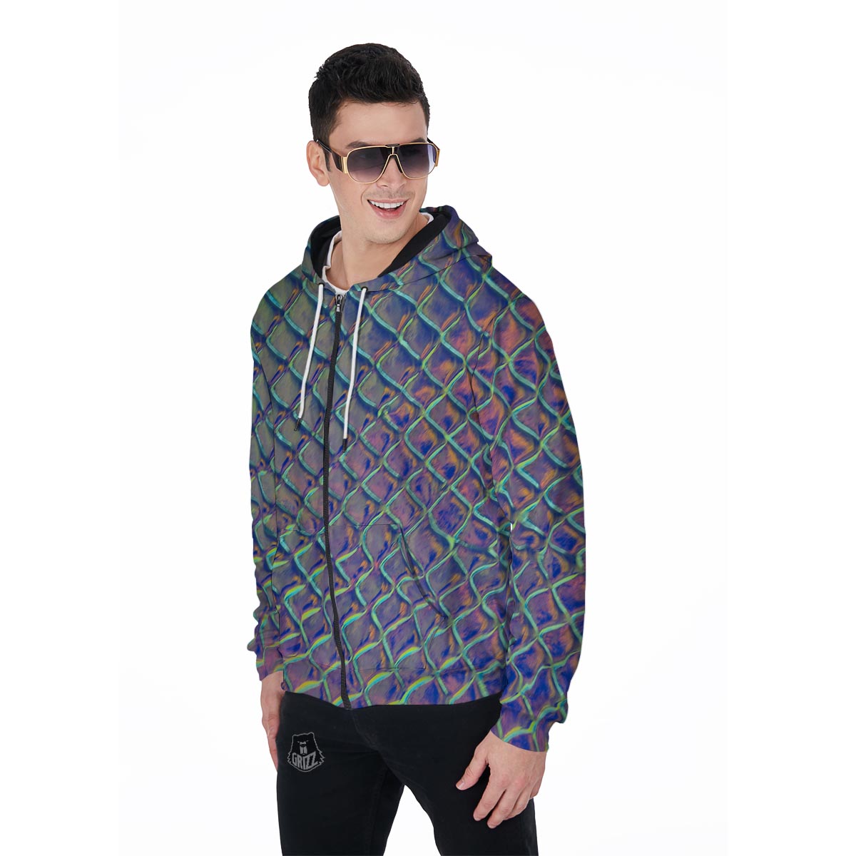 Holographic Snakeskin Print Men's Zip Up Hoodie-grizzshop