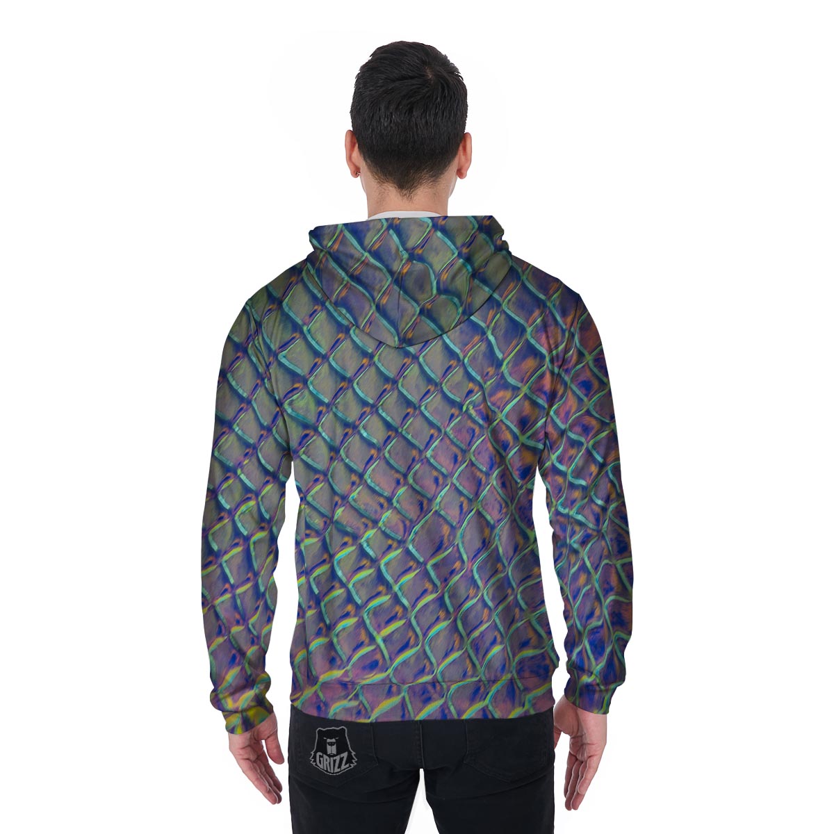 Holographic Snakeskin Print Men's Zip Up Hoodie-grizzshop
