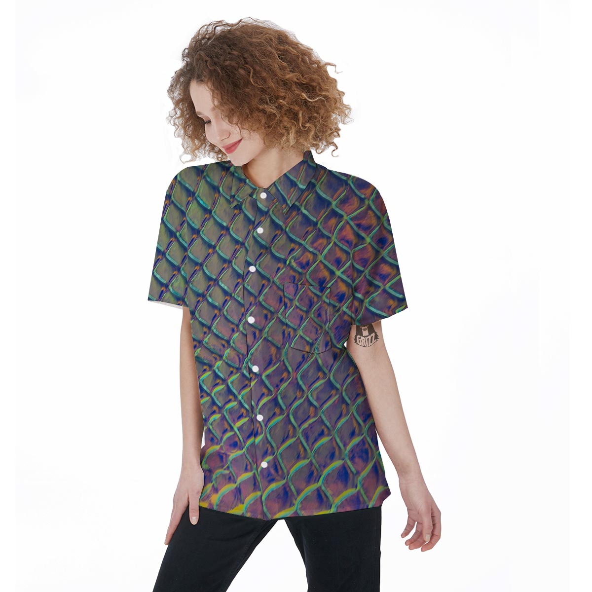 Holographic Snakeskin Print Women's Short Sleeve Shirts-grizzshop