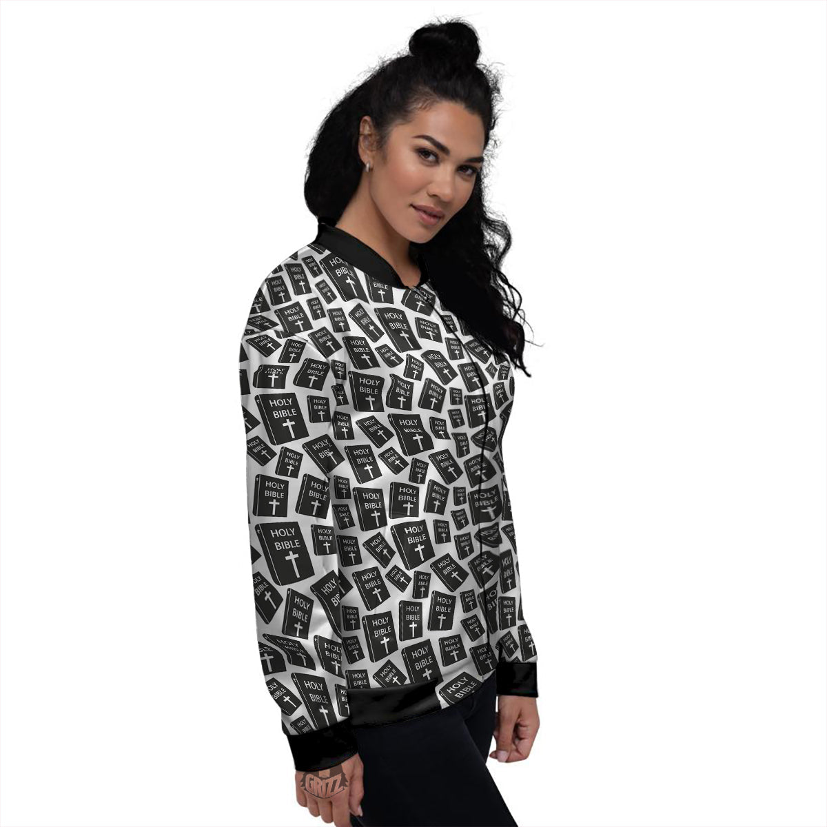 Holy Bible Christian Black Print Pattern Women's Bomber Jacket-grizzshop