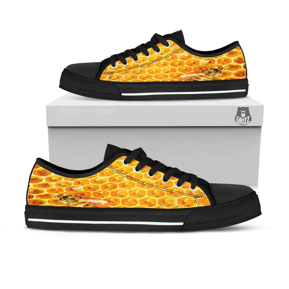 Honeycomb And Bees Print Black Low Top Shoes-grizzshop
