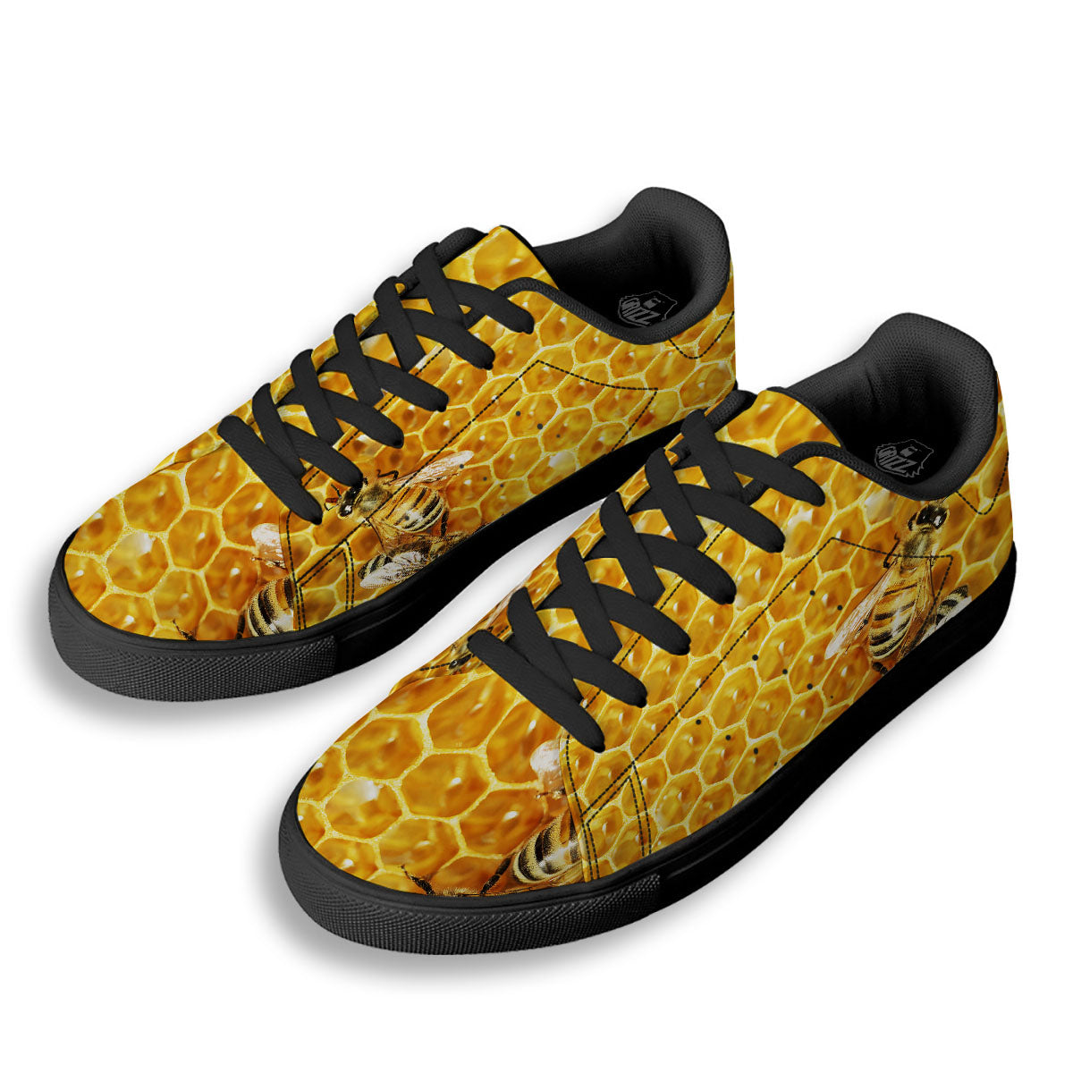 Honeycomb And Bees Print Black Low Top Sneakers-grizzshop