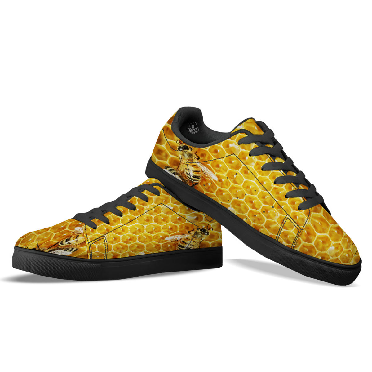 Honeycomb And Bees Print Black Low Top Sneakers-grizzshop