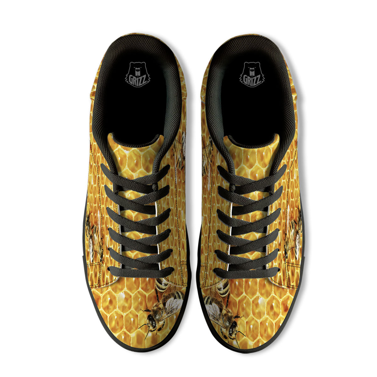 Honeycomb And Bees Print Black Low Top Sneakers-grizzshop