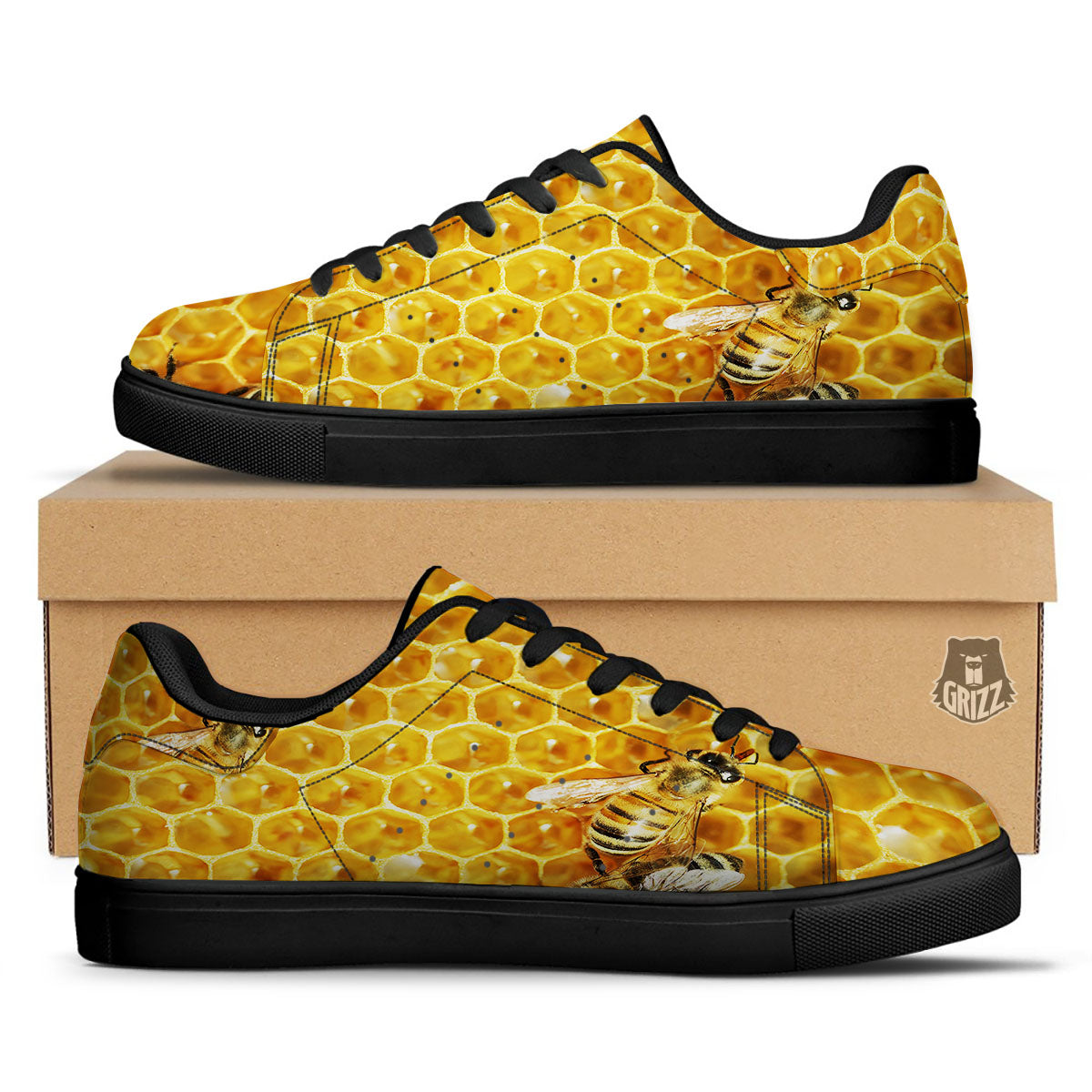 Honeycomb And Bees Print Black Low Top Sneakers-grizzshop