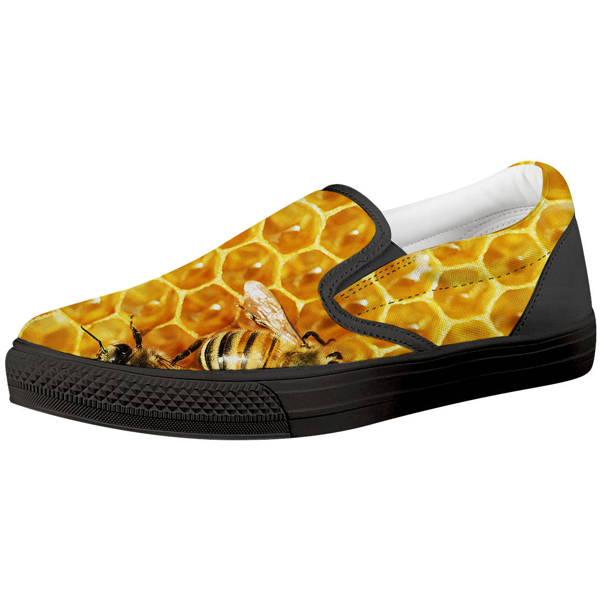Honeycomb And Bees Print Black Slip On Shoes-grizzshop
