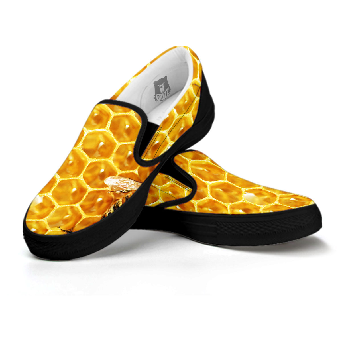 Honeycomb And Bees Print Black Slip On Shoes-grizzshop