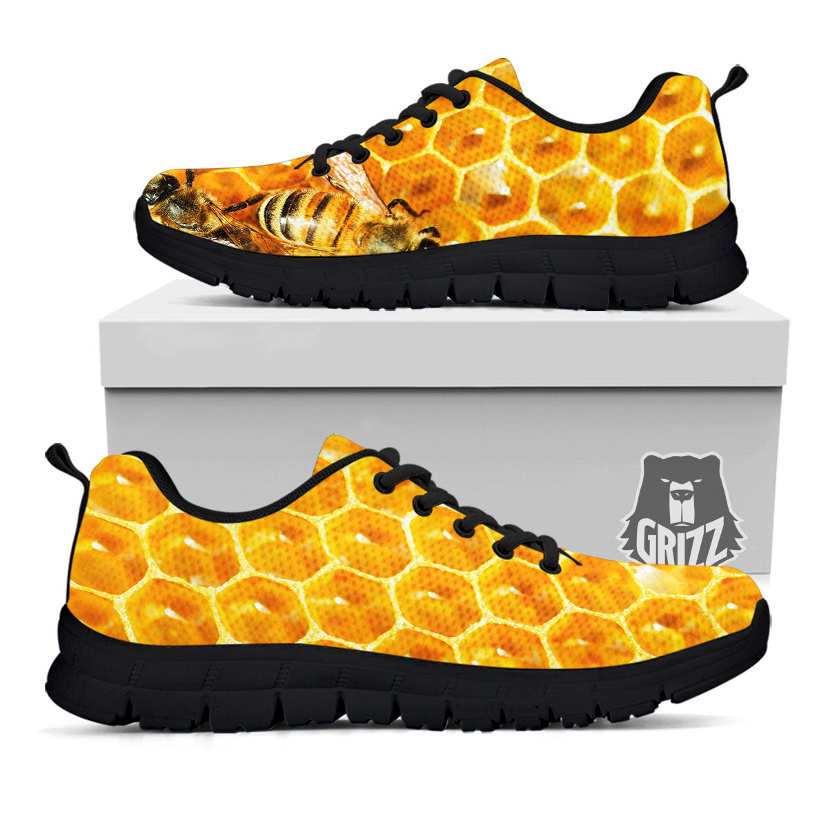 Honeycomb And Bees Print Black Sneaker-grizzshop