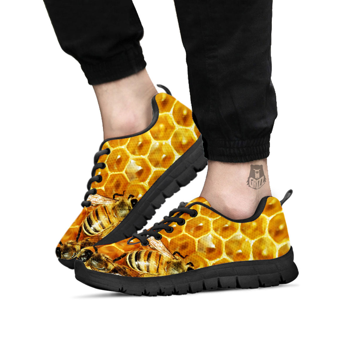 Honeycomb And Bees Print Black Sneaker-grizzshop
