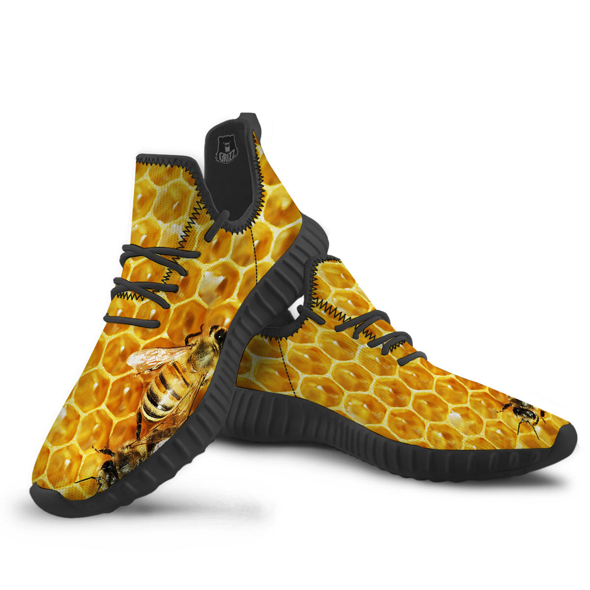 Honeycomb And Bees Print Black Walking Shoes-grizzshop