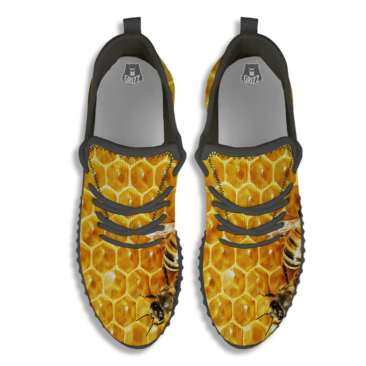 Honeycomb And Bees Print Black Walking Shoes-grizzshop