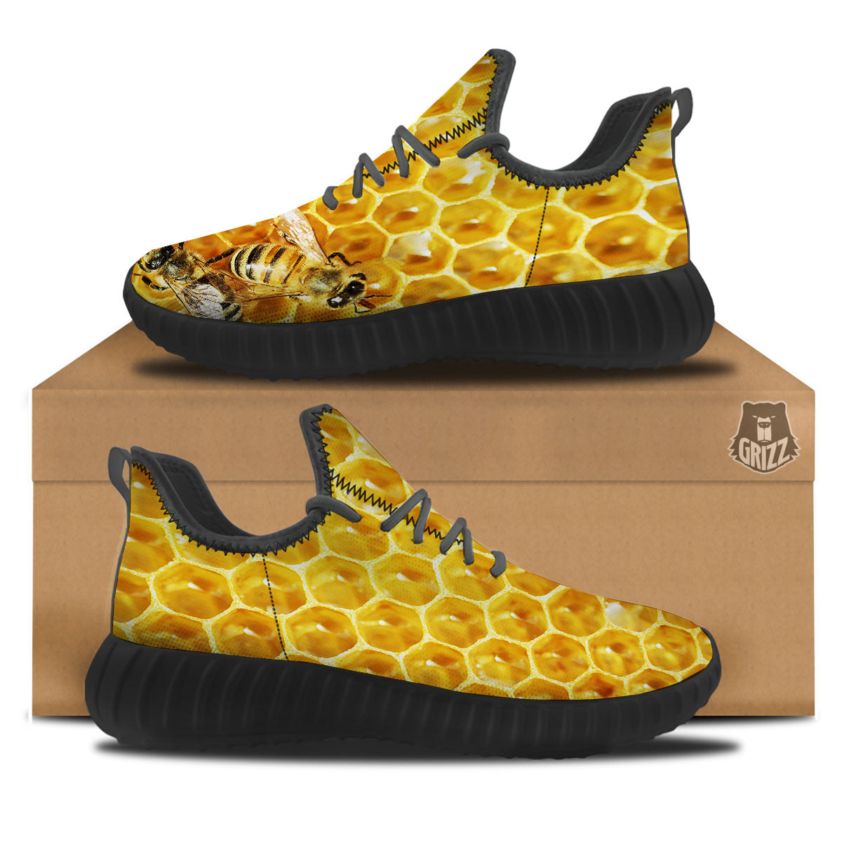 Honeycomb And Bees Print Black Walking Shoes-grizzshop