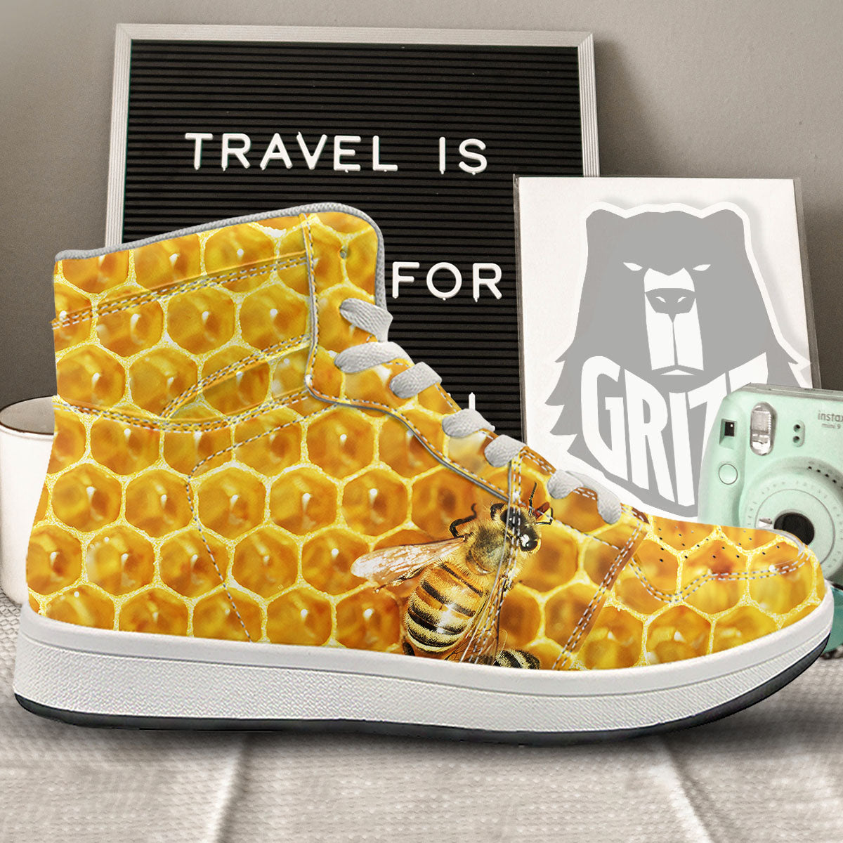 Honeycomb And Bees Print High Top Sneakers-grizzshop