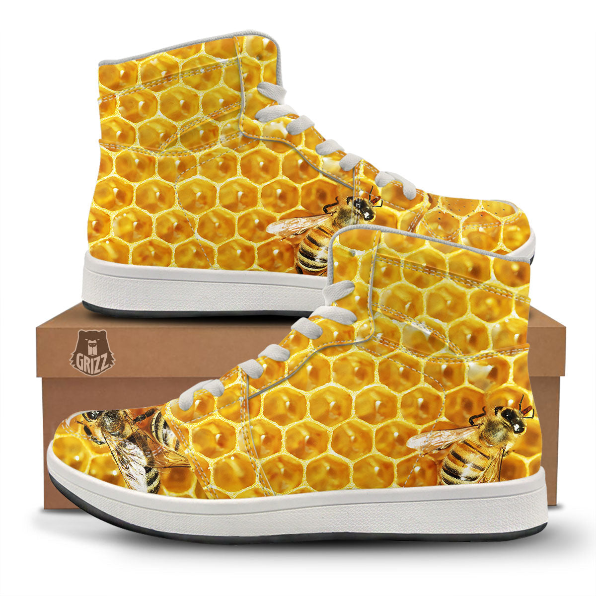 Honeycomb And Bees Print High Top Sneakers-grizzshop