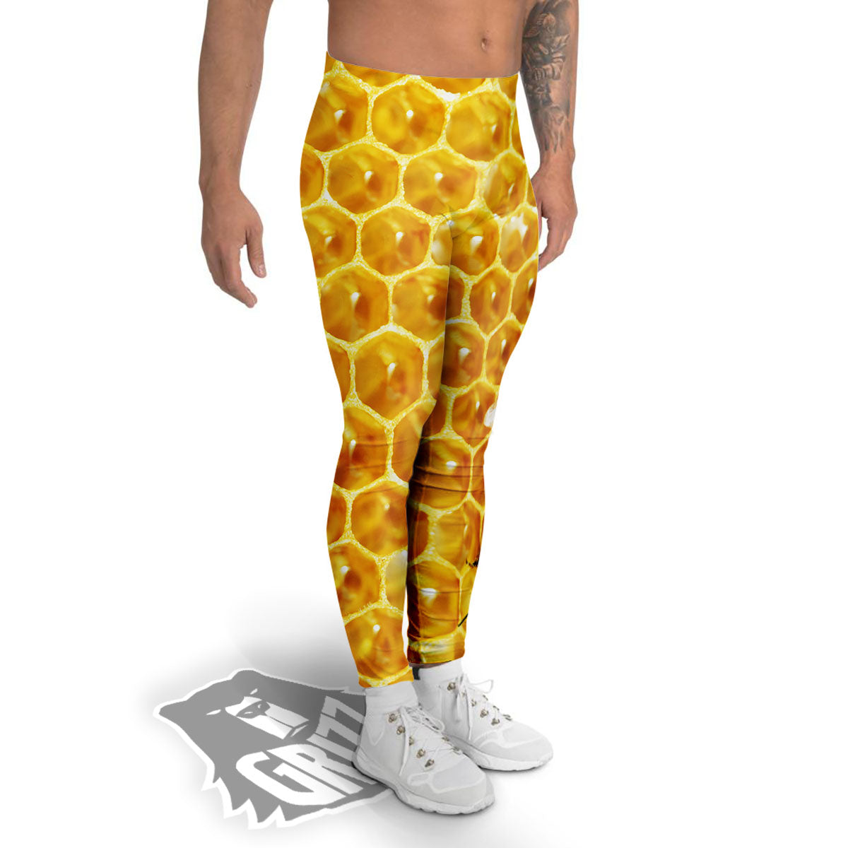Honeycomb And Bees Print Men's Leggings-grizzshop