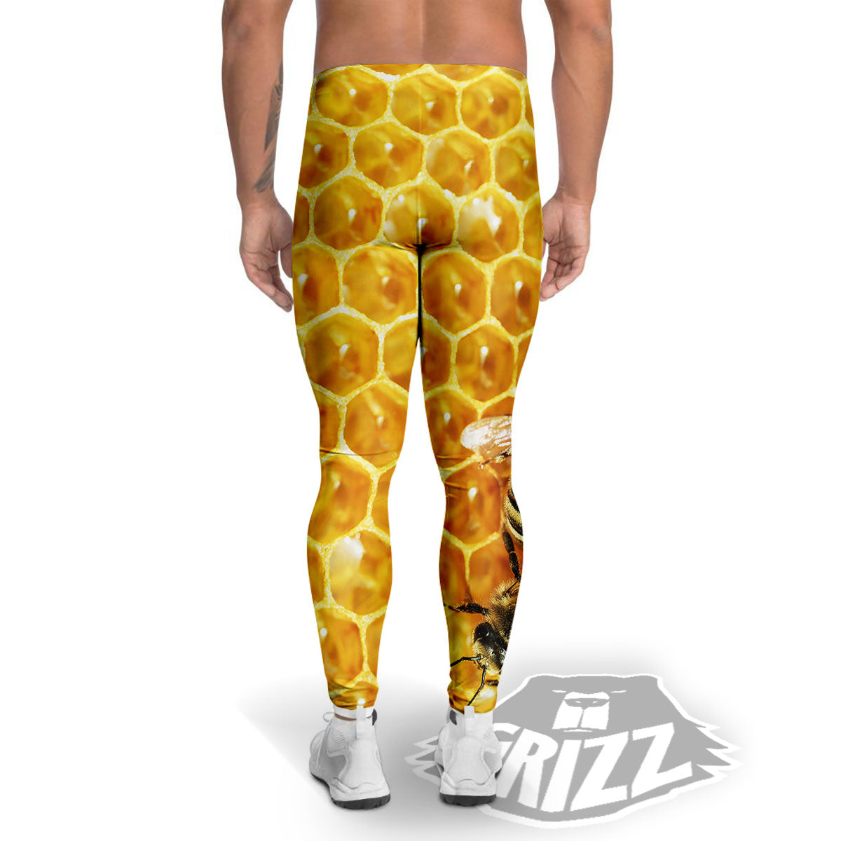 Honeycomb And Bees Print Men's Leggings-grizzshop