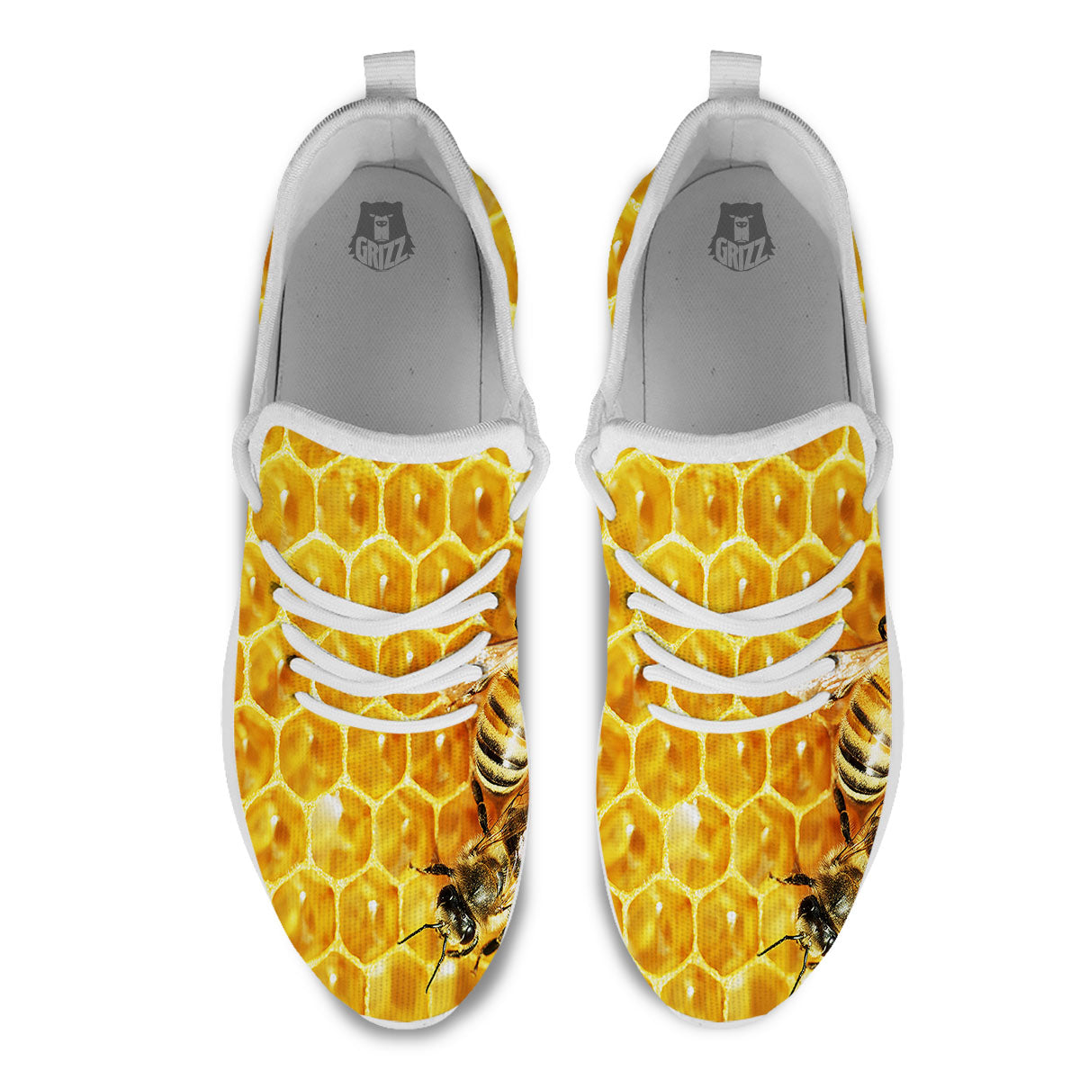 Honeycomb And Bees Print White Athletic Shoes-grizzshop
