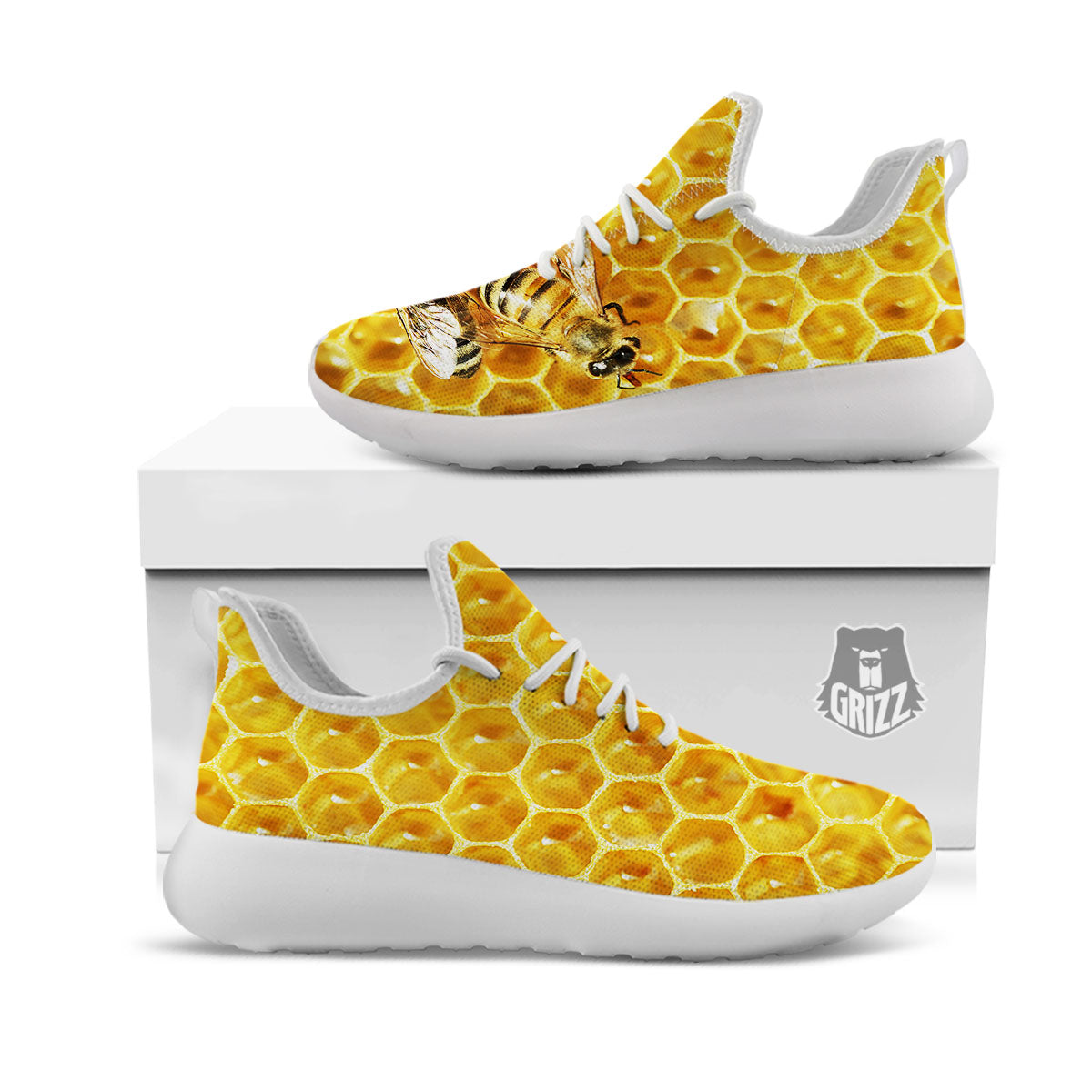 Honeycomb And Bees Print White Athletic Shoes-grizzshop