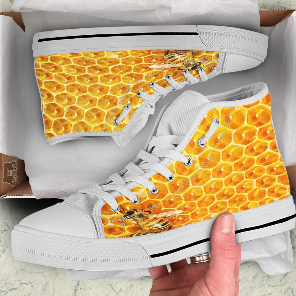 Honeycomb And Bees Print White High Top Shoes-grizzshop