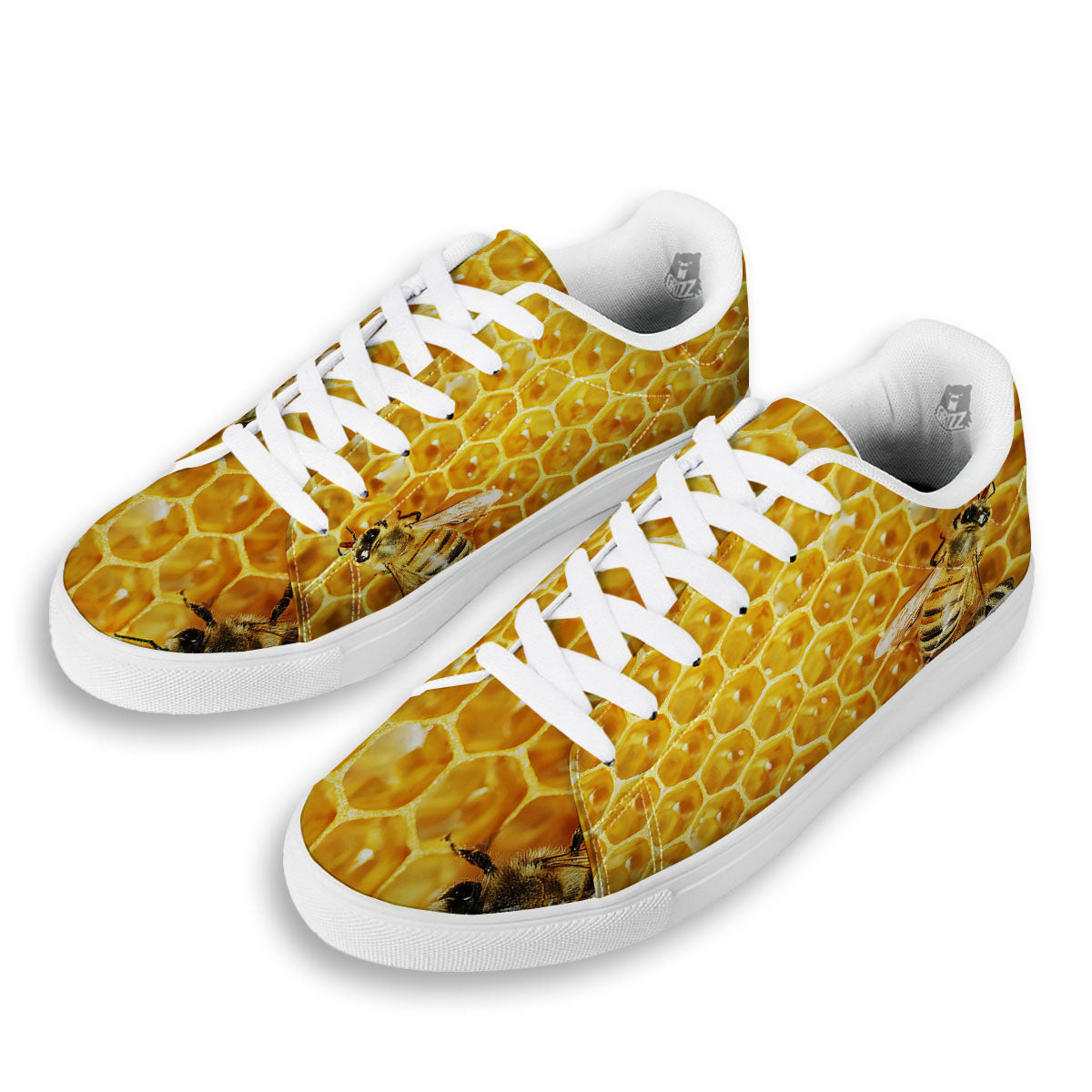 Honeycomb And Bees Print White Low Top Sneakers-grizzshop