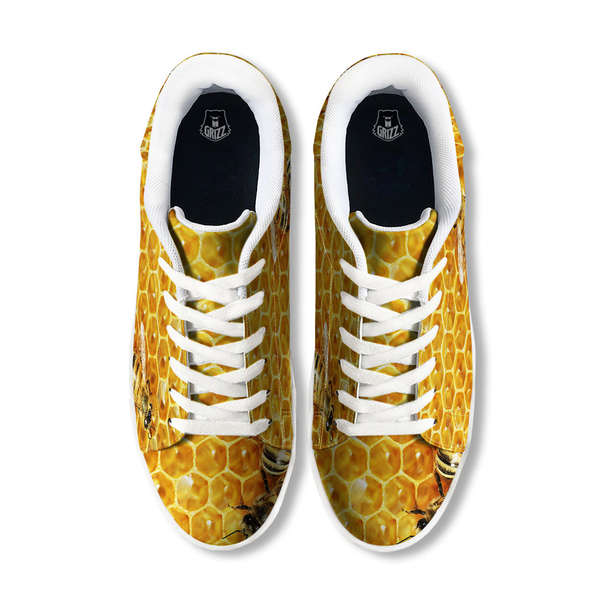 Honeycomb And Bees Print White Low Top Sneakers-grizzshop