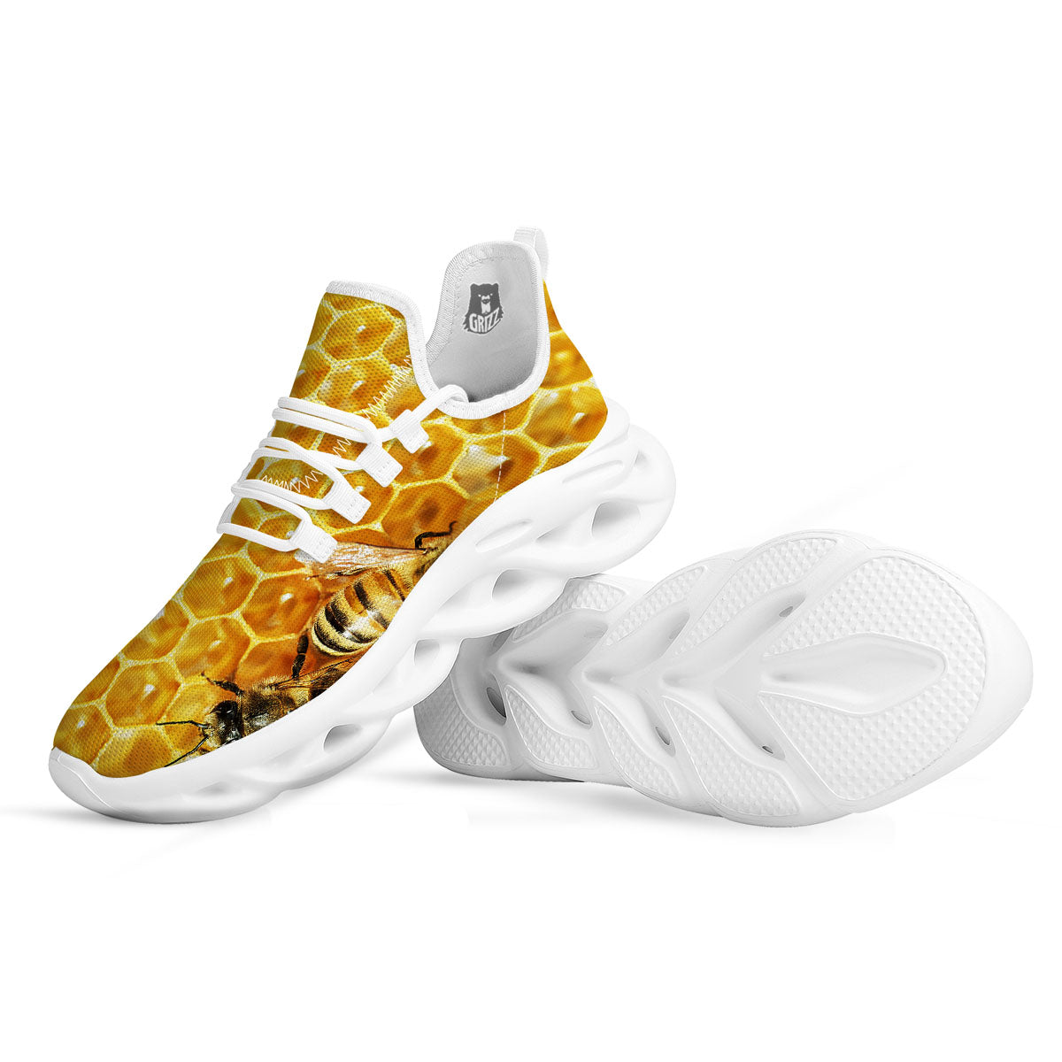 Honeycomb And Bees Print White Running Shoes-grizzshop