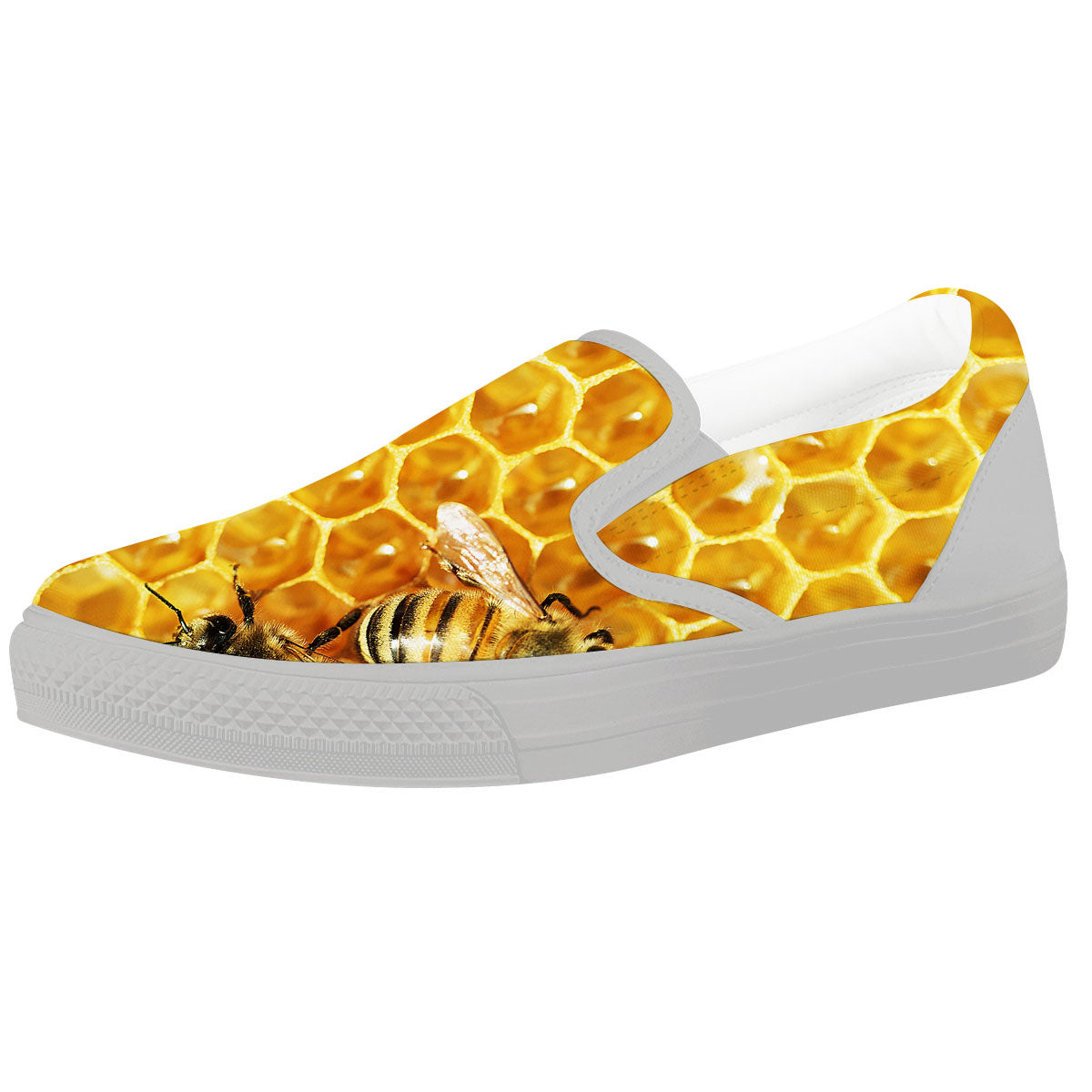 Honeycomb And Bees Print White Slip On Shoes-grizzshop