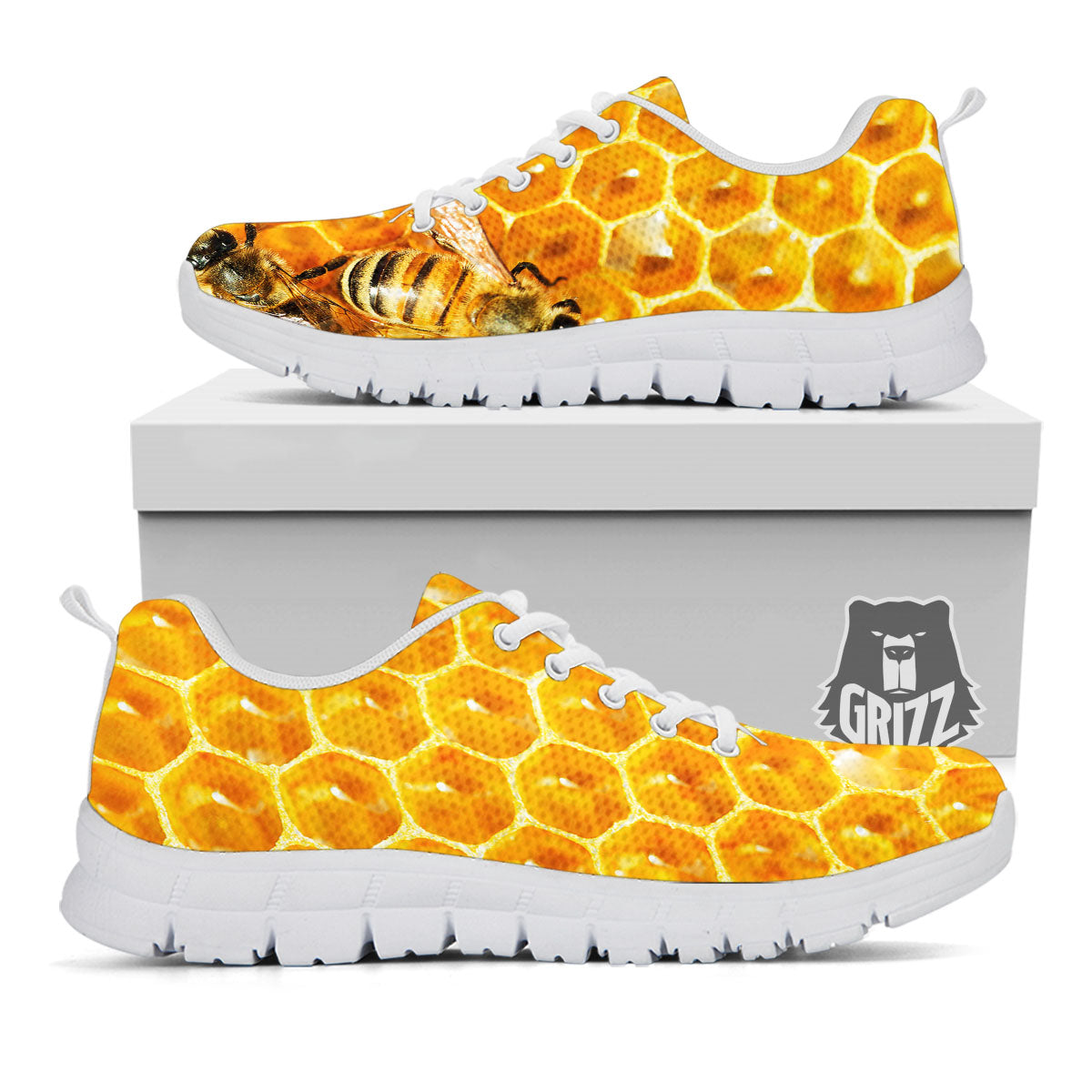 Honeycomb And Bees Print White Sneaker-grizzshop