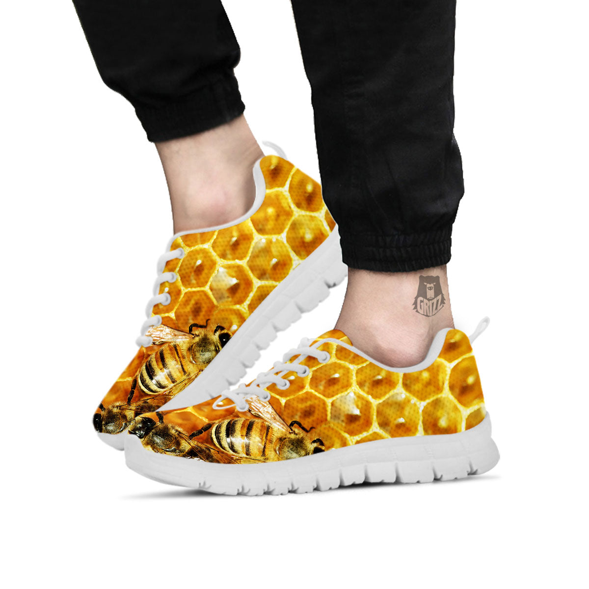 Honeycomb And Bees Print White Sneaker-grizzshop