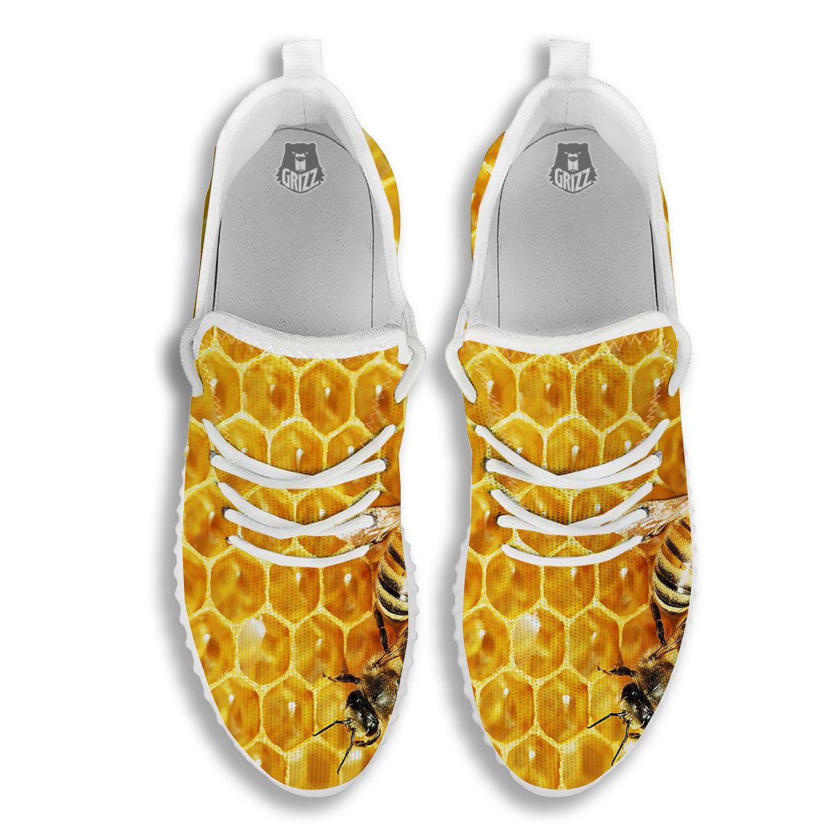 Honeycomb And Bees Print White Walking Shoes-grizzshop
