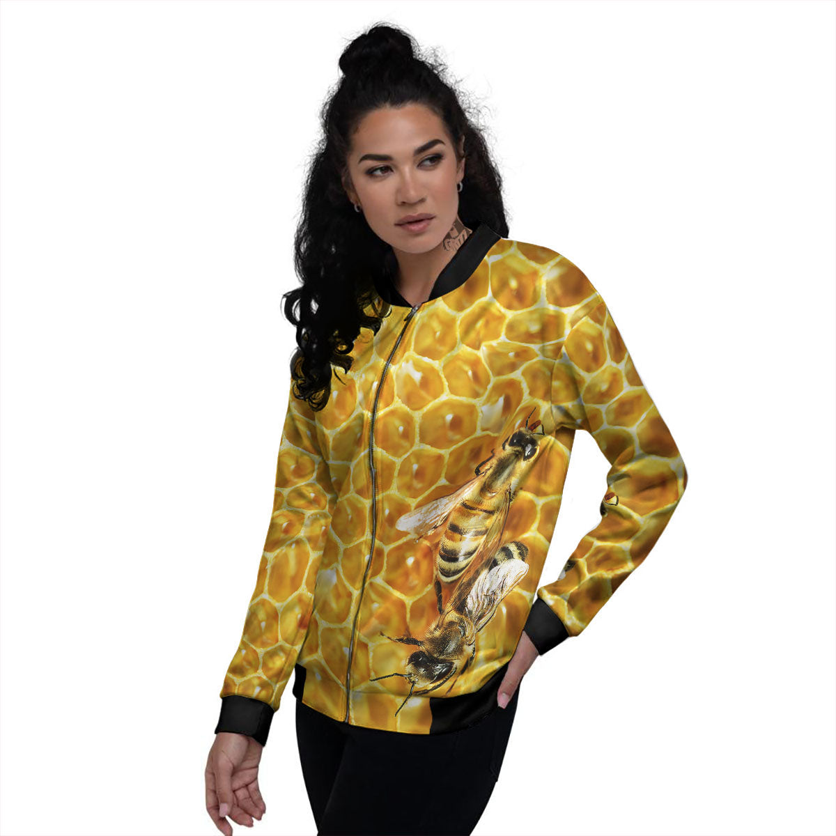 Honeycomb And Bees Print Women's Bomber Jacket-grizzshop