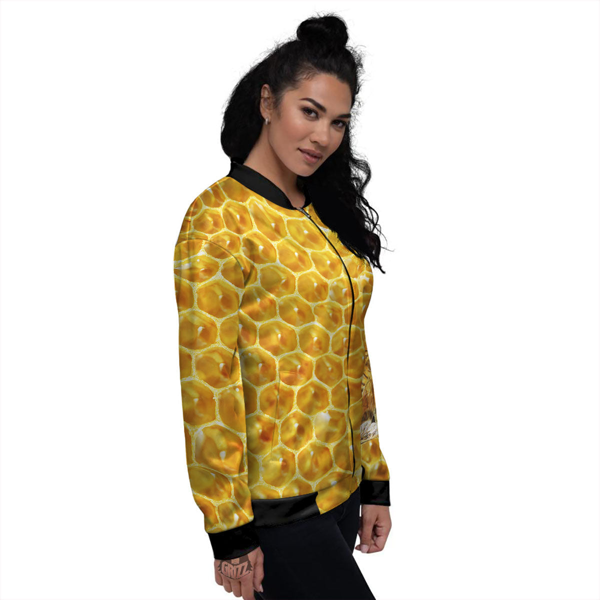 Honeycomb And Bees Print Women's Bomber Jacket-grizzshop