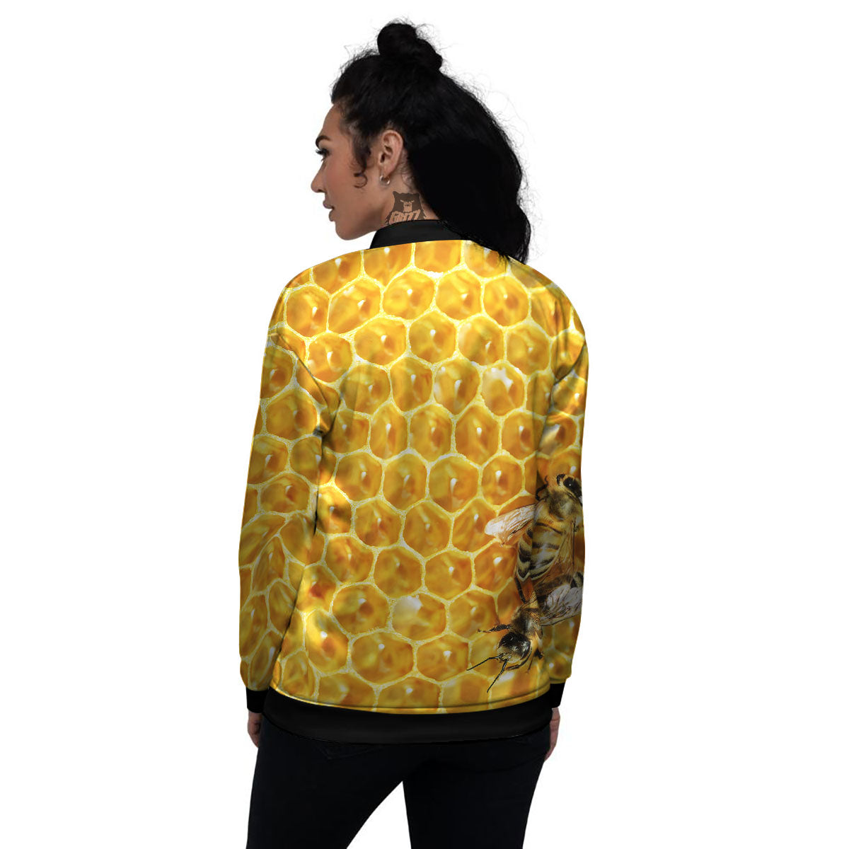 Honeycomb And Bees Print Women's Bomber Jacket-grizzshop