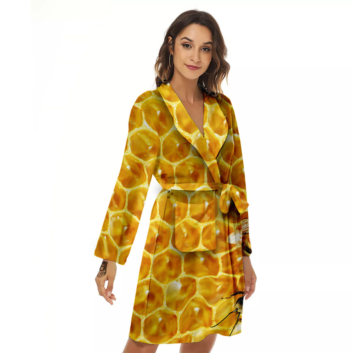 Honeycomb And Bees Print Women's Robe-grizzshop