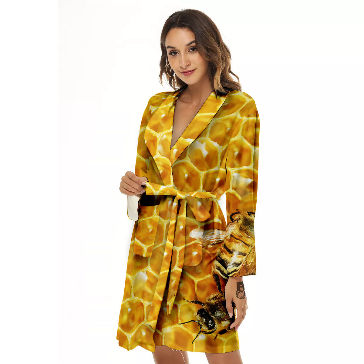 Honeycomb And Bees Print Women's Robe-grizzshop