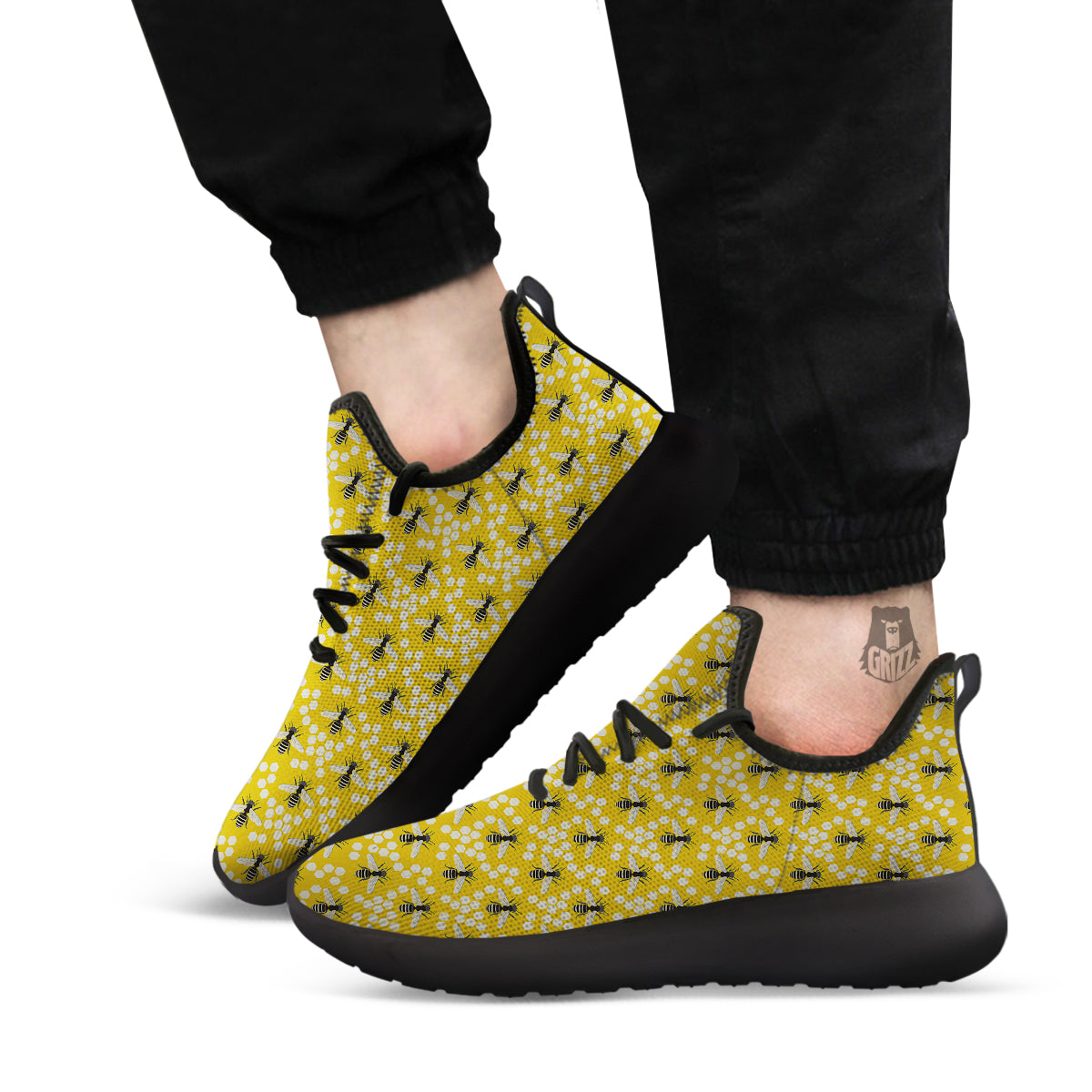 Honeycomb Bee Print Pattern Black Athletic Shoes-grizzshop