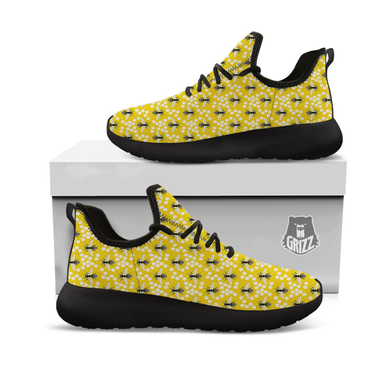 Honeycomb Bee Print Pattern Black Athletic Shoes-grizzshop