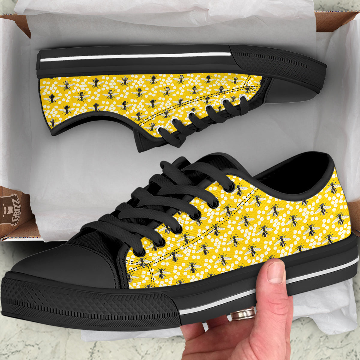 Honeycomb Bee Print Pattern Black Low Top Shoes-grizzshop