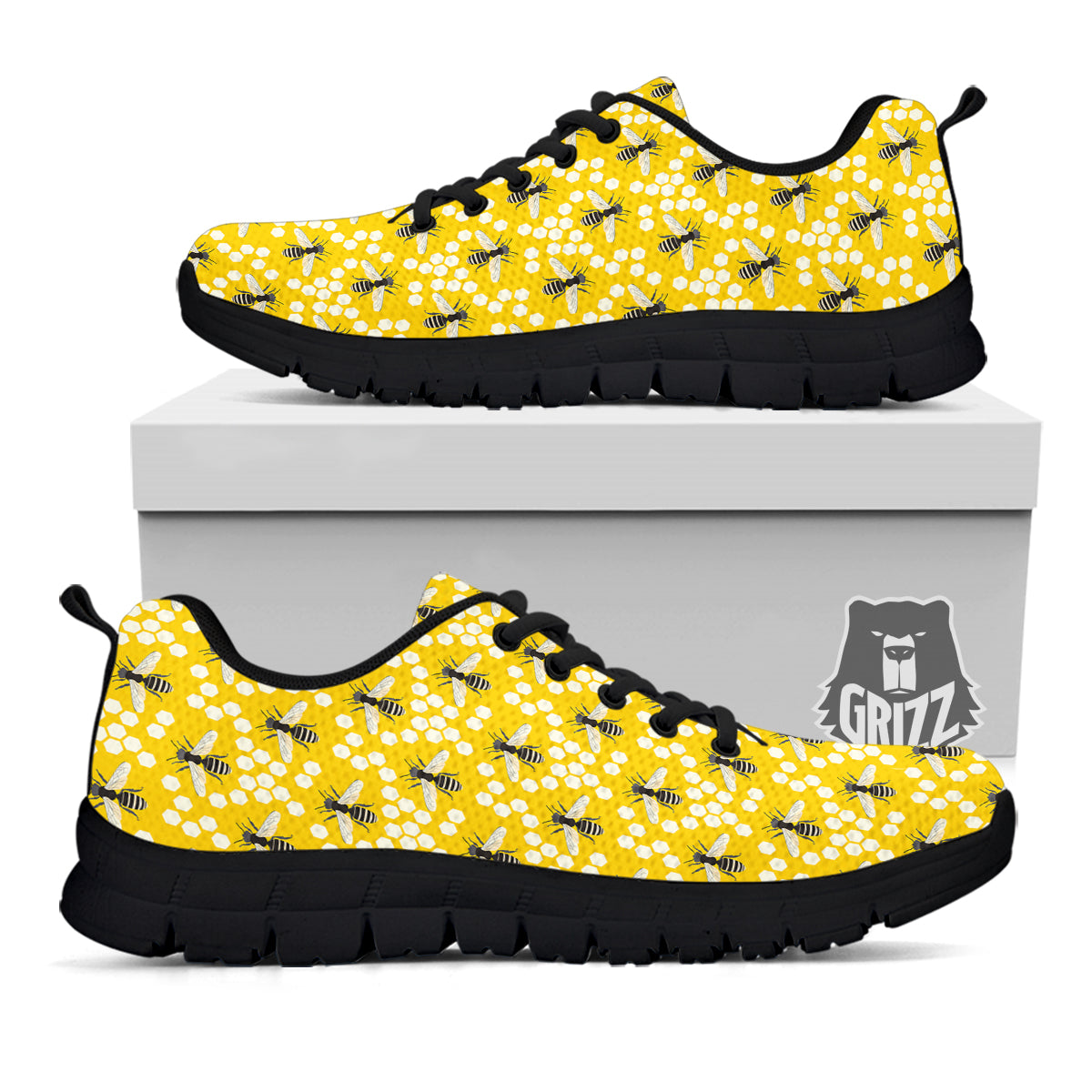 Honeycomb Bee Print Pattern Black Sneaker-grizzshop