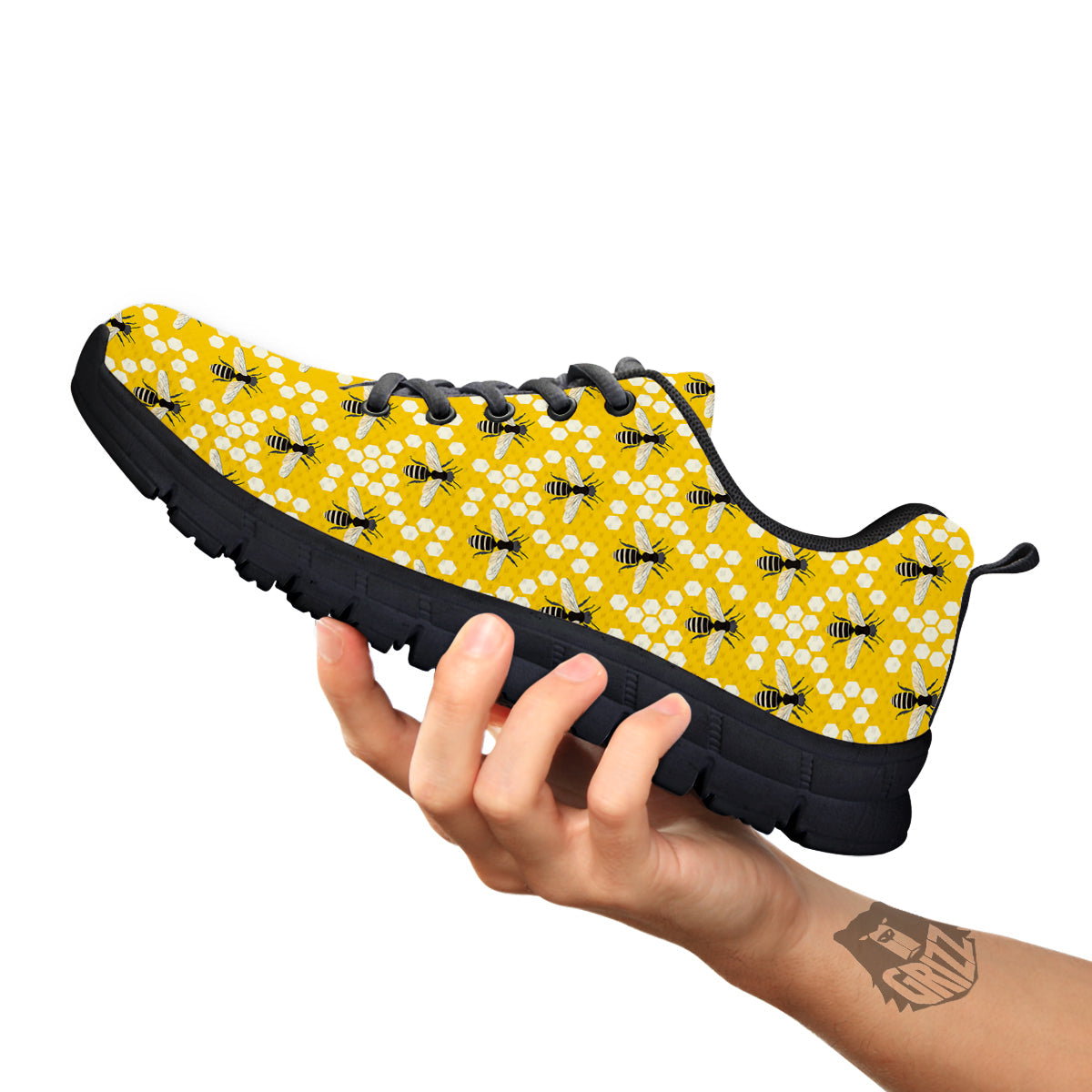 Honeycomb Bee Print Pattern Black Sneaker-grizzshop