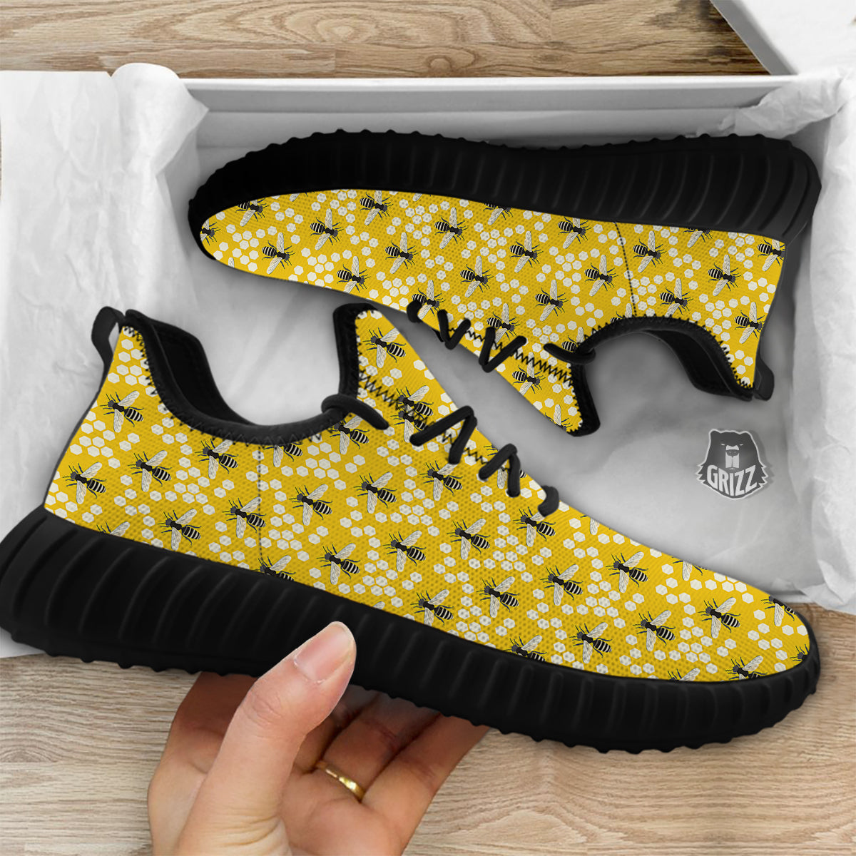 Honeycomb Bee Print Pattern Black Walking Shoes-grizzshop