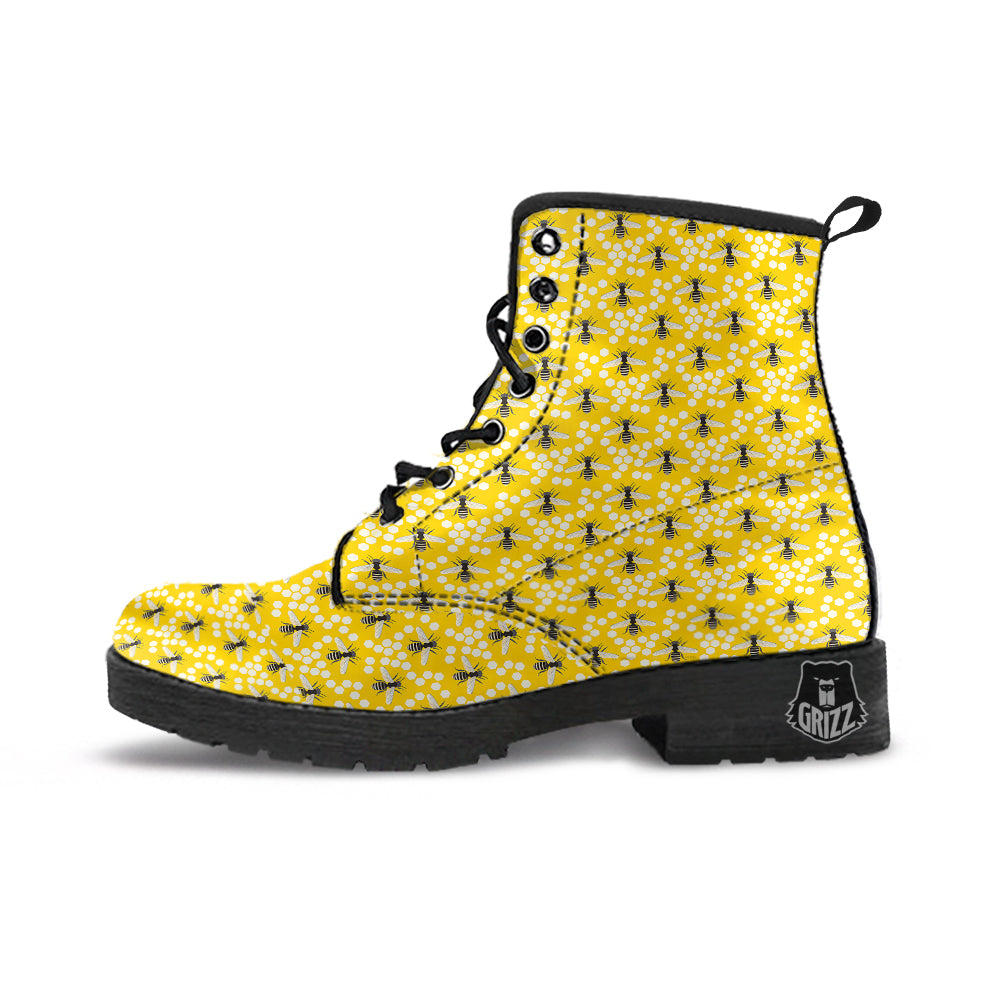 Honeycomb Bee Print Pattern Leather Boots-grizzshop