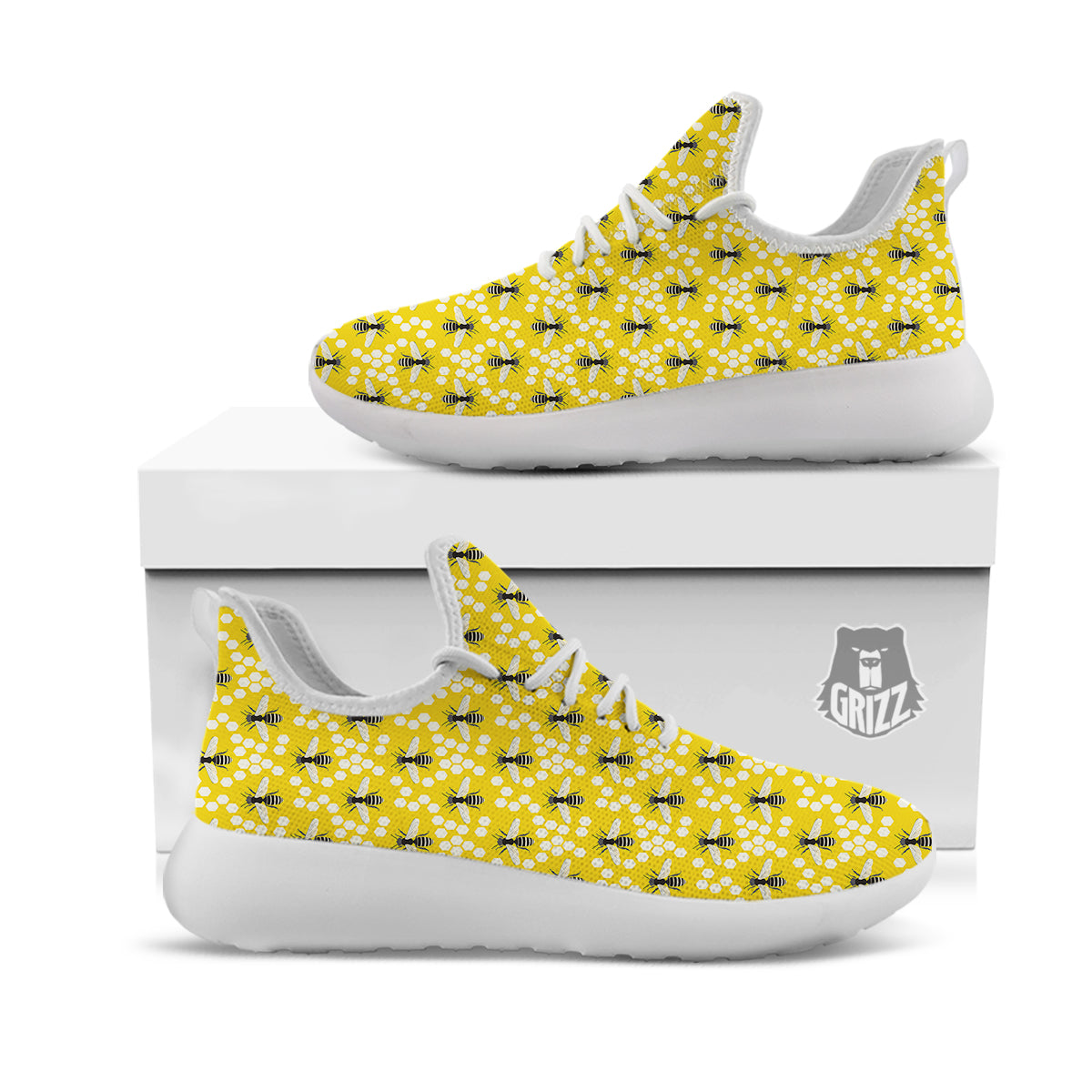 Honeycomb Bee Print Pattern White Athletic Shoes-grizzshop