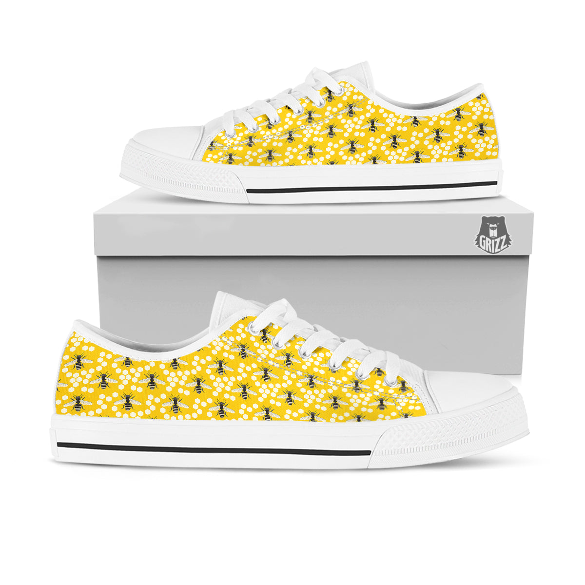 Honeycomb Bee Print Pattern White Low Top Shoes-grizzshop