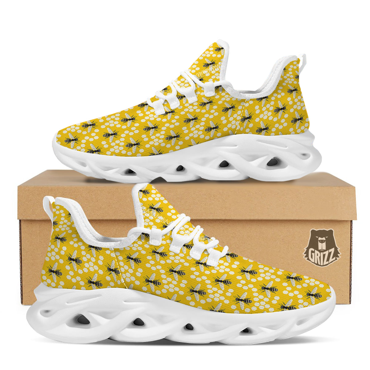 Honeycomb Bee Print Pattern White Running Shoes-grizzshop