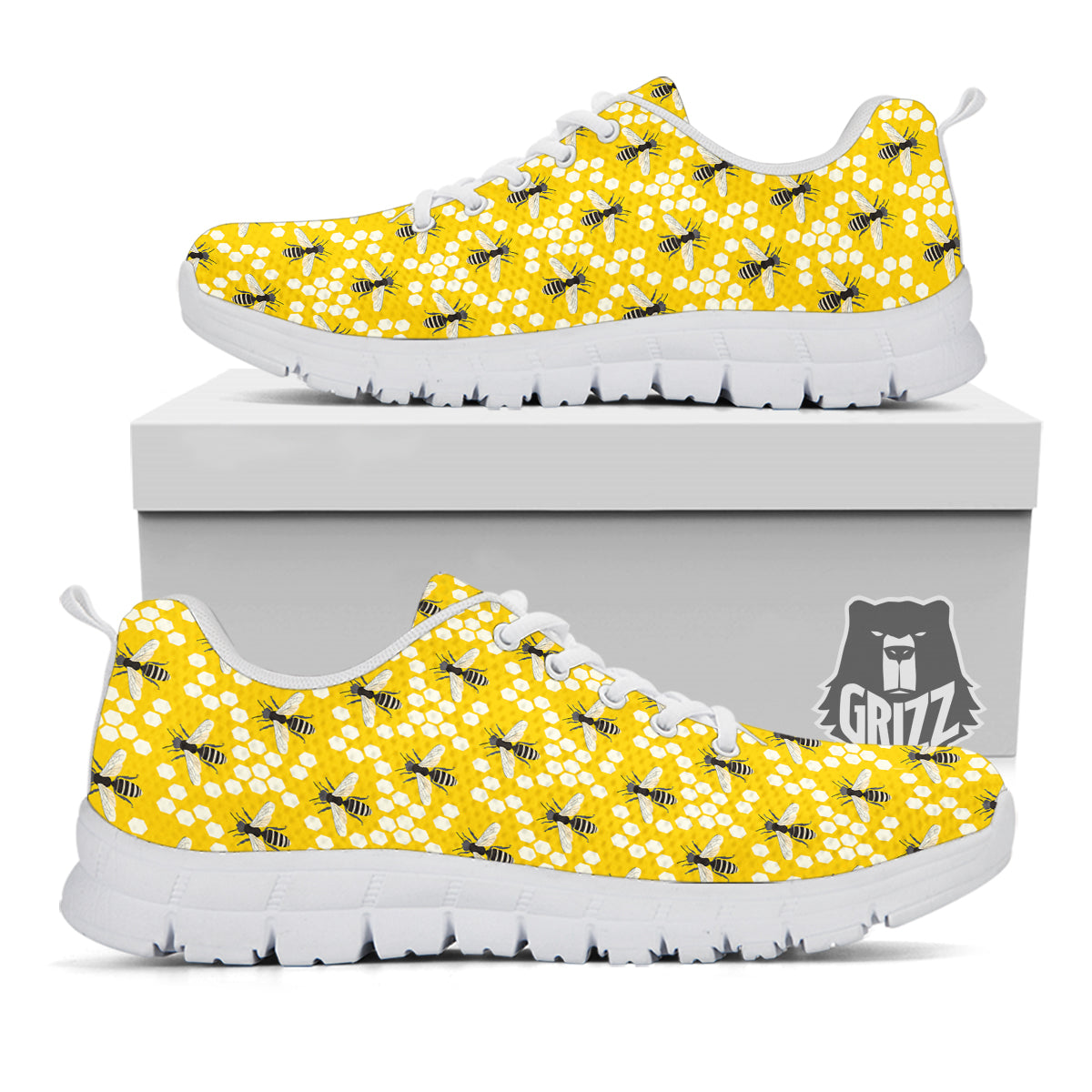 Honeycomb Bee Print Pattern White Sneaker-grizzshop